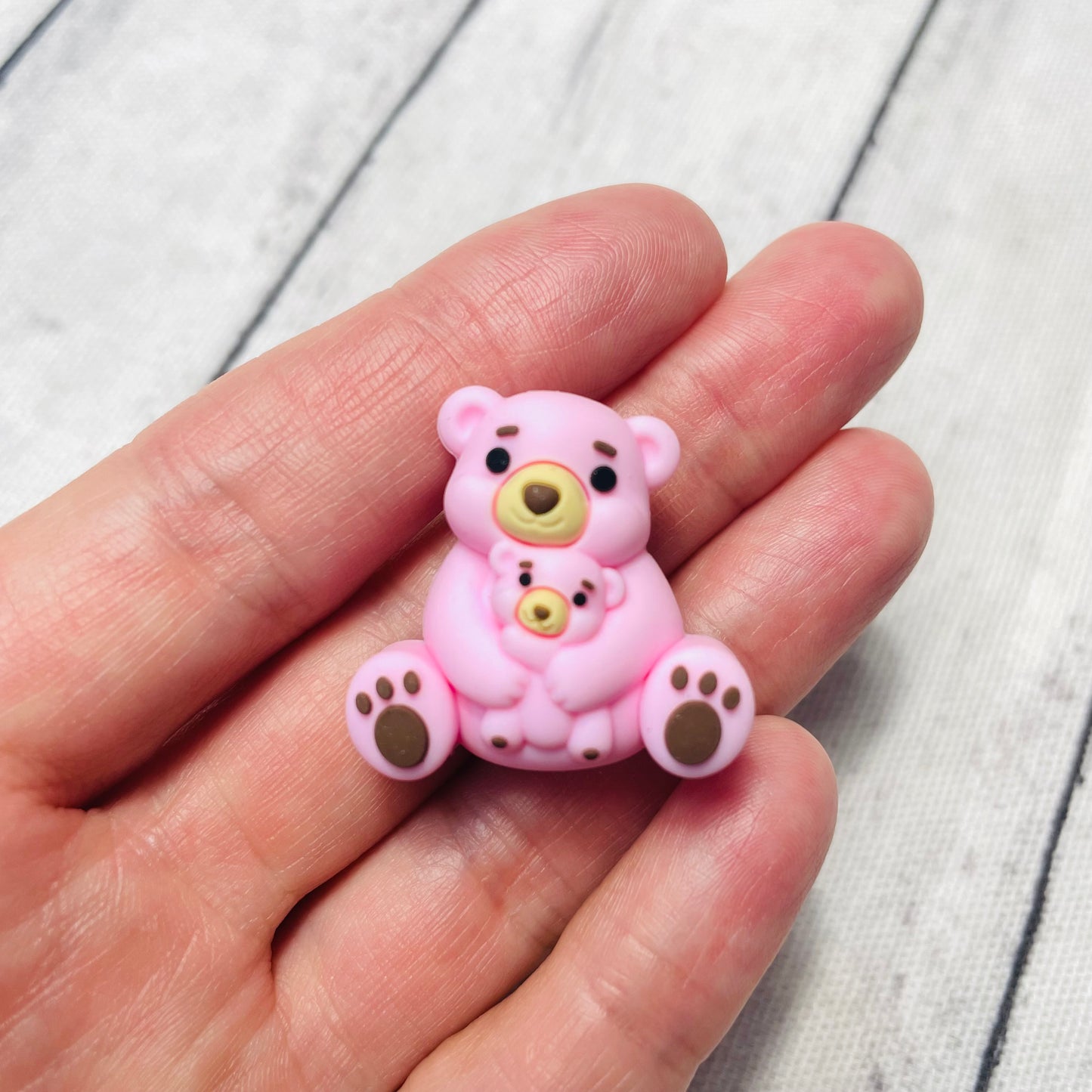 3D Pink Teddy Bear Mama & Baby Silicone Focal Bead