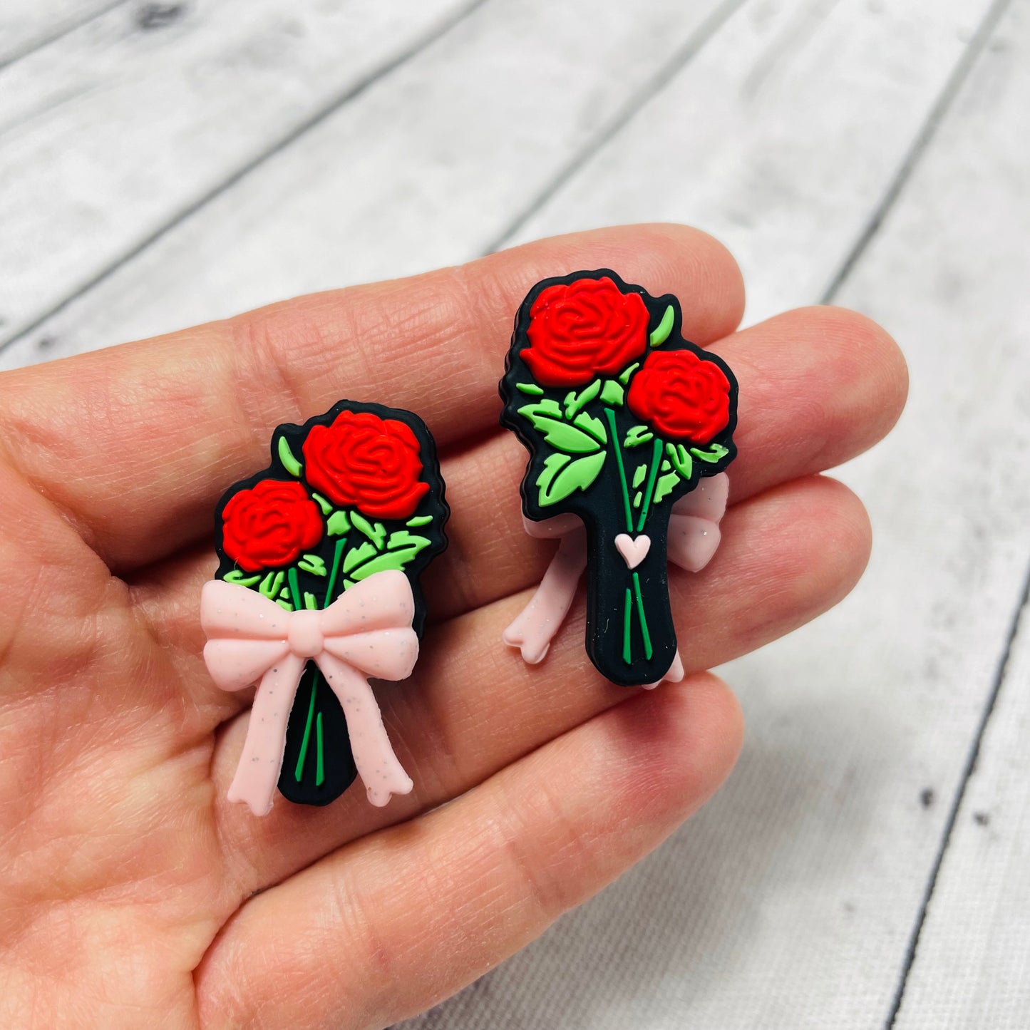 Red Roses with 3D Pink Bow Silicone Focal Bead