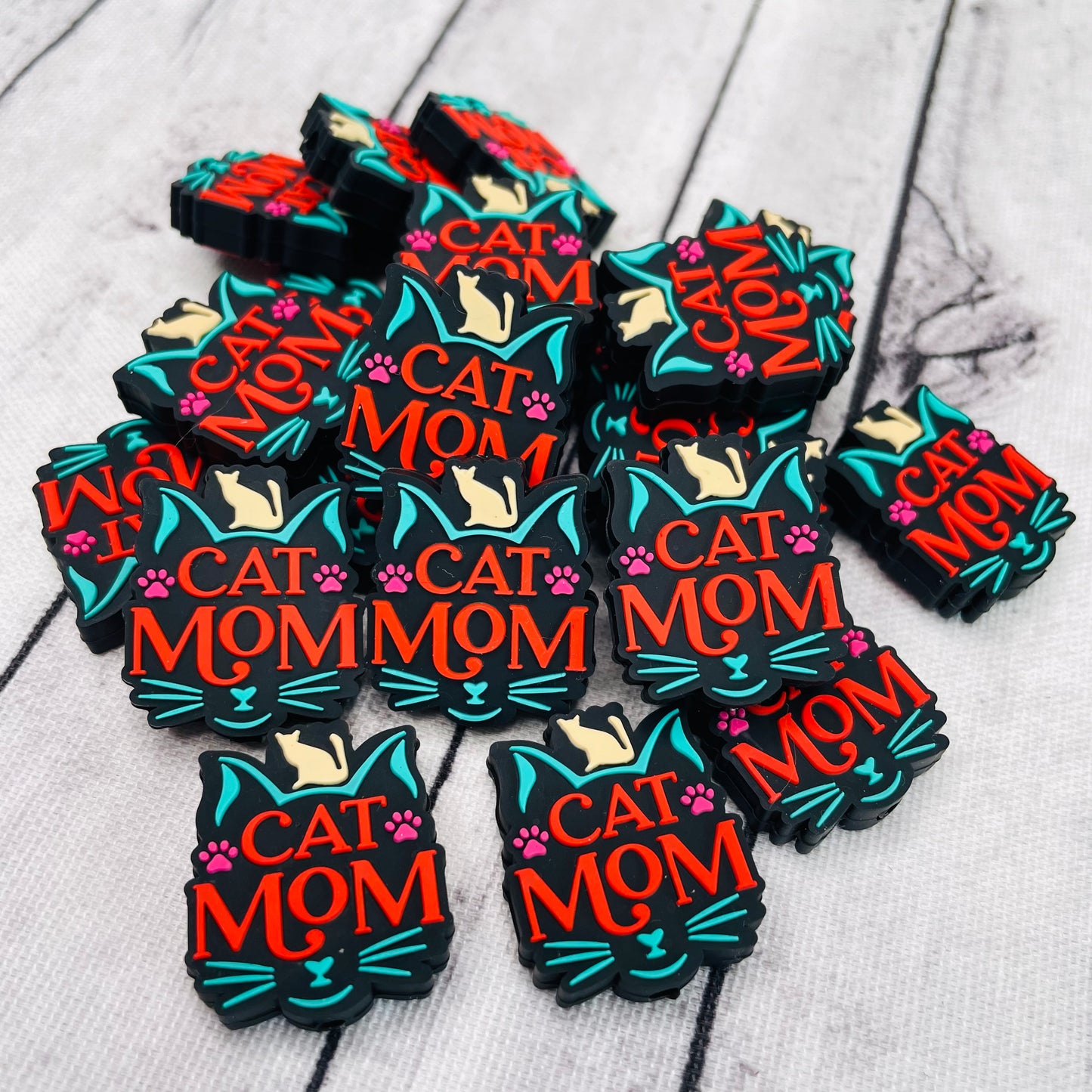 Cat Mom - Black Background Silicone Focal Bead