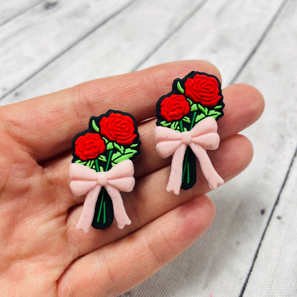 Red Roses with 3D Pink Bow Silicone Focal Bead