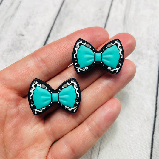 Teal Bow Cow Print Silicone Focal Bead