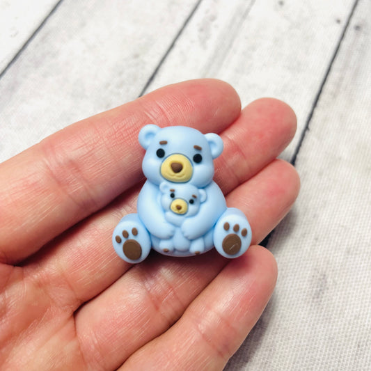 3D Blue Teddy Bear Mama & Baby Silicone Focal Bead