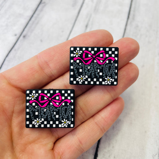Mama Checkered w/Pink Bow Silicone Focal Bead