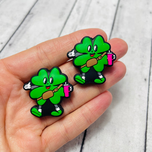 Happy Shamrock W/Pink Tumbler Silicone Focal Bead