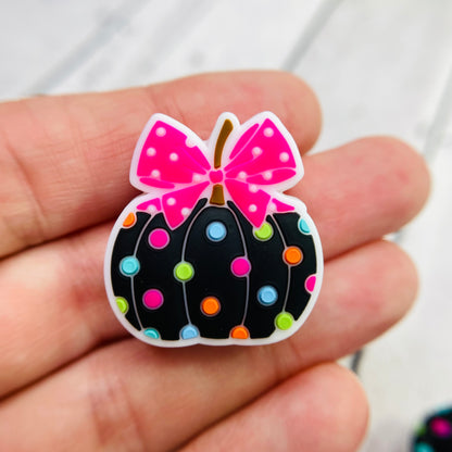 Black/Pink Rainbow Polkadot Pumpkin Silicone Focal Bead