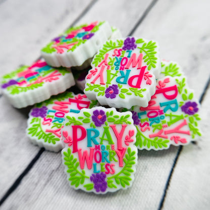 Pray More White Background Silicone Focal Bead