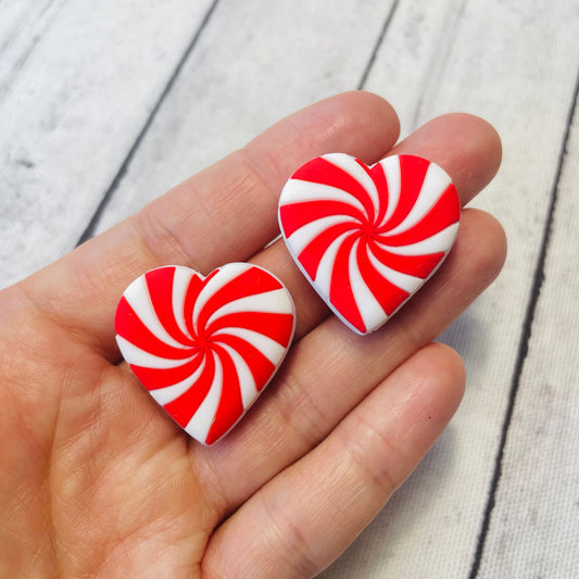 Red Peppermint Heart Silicone Focal Bead
