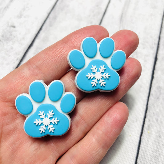 Blue Snowflake Paw Print Silicone Focal Bead