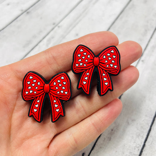 Red Bow w/White Hearts Silicone Focal Bead