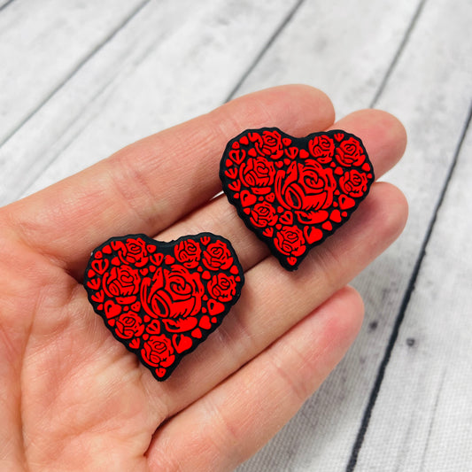 Red Rose Heart Silicone Focal Bead