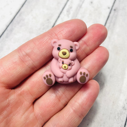 3D Mauve Teddy Bear Mama & Baby Silicone Focal Bead