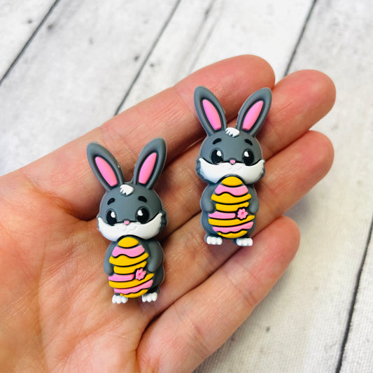 3D Grey Bunny with Egg Silicone Focal Bead