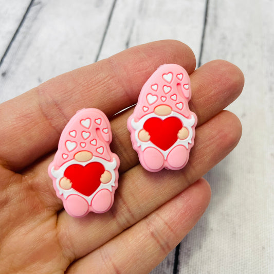 Pink Gnome with Red Heart Silicone Focal Bead