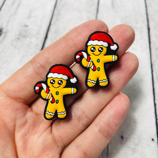 Gingerbread Man with Candy cane and Santa Hat Silicone Focal Bead