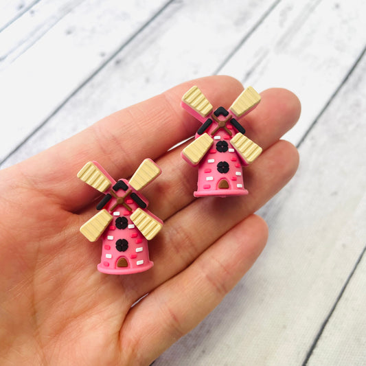 3D Pink Windmill Barn Silicone Focal Bead