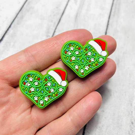 Green Paw Santa Hat Heart Silicone Focal Bead