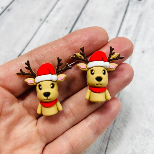 3D Reindeer with Santa Hat Christmas Silicone Focal Bead