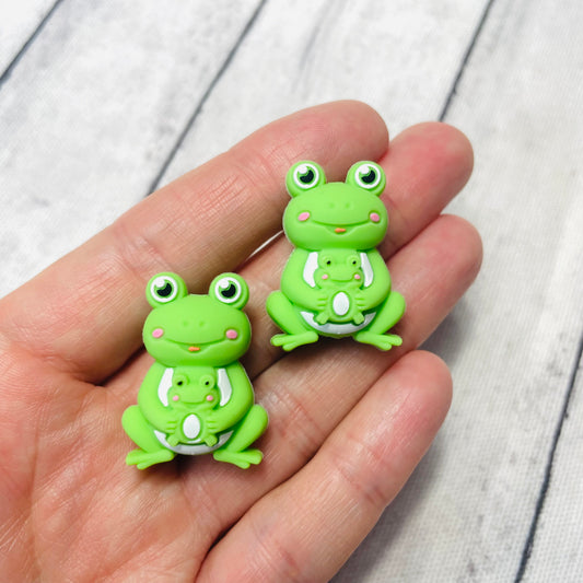 3D Green Frog Mama & Baby Silicone Focal Bead