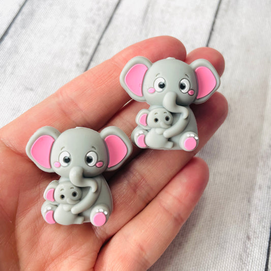 3D Grey Elephant Mama & Baby Silicone Focal Bead