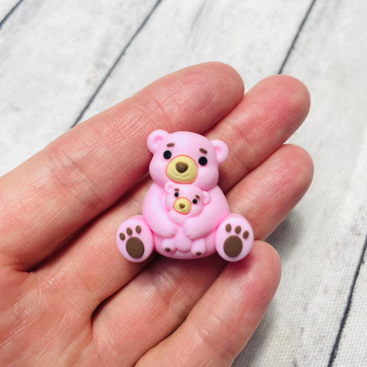 3D Pink Teddy Bear Mama & Baby Silicone Focal Bead