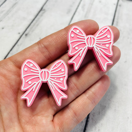 Pink Bow White Outline Silicone Focal Bead