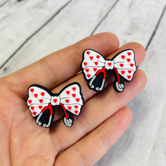 White Stethoscope Bow with Red Hearts Silicone Focal Bead