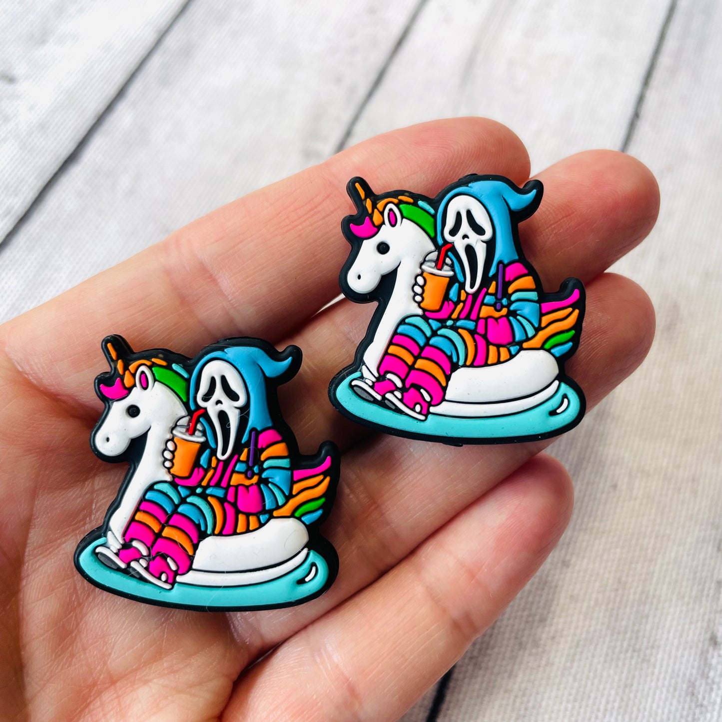 Ghost face on a Unicorn Pool Float Silicone Focal Bead