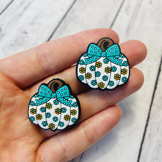 Teal Bow Floral Pumpkin Silicone Focal Bead