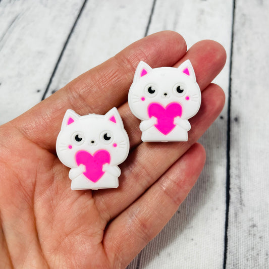 White Kitty Cat Pink Heart Focal Bead