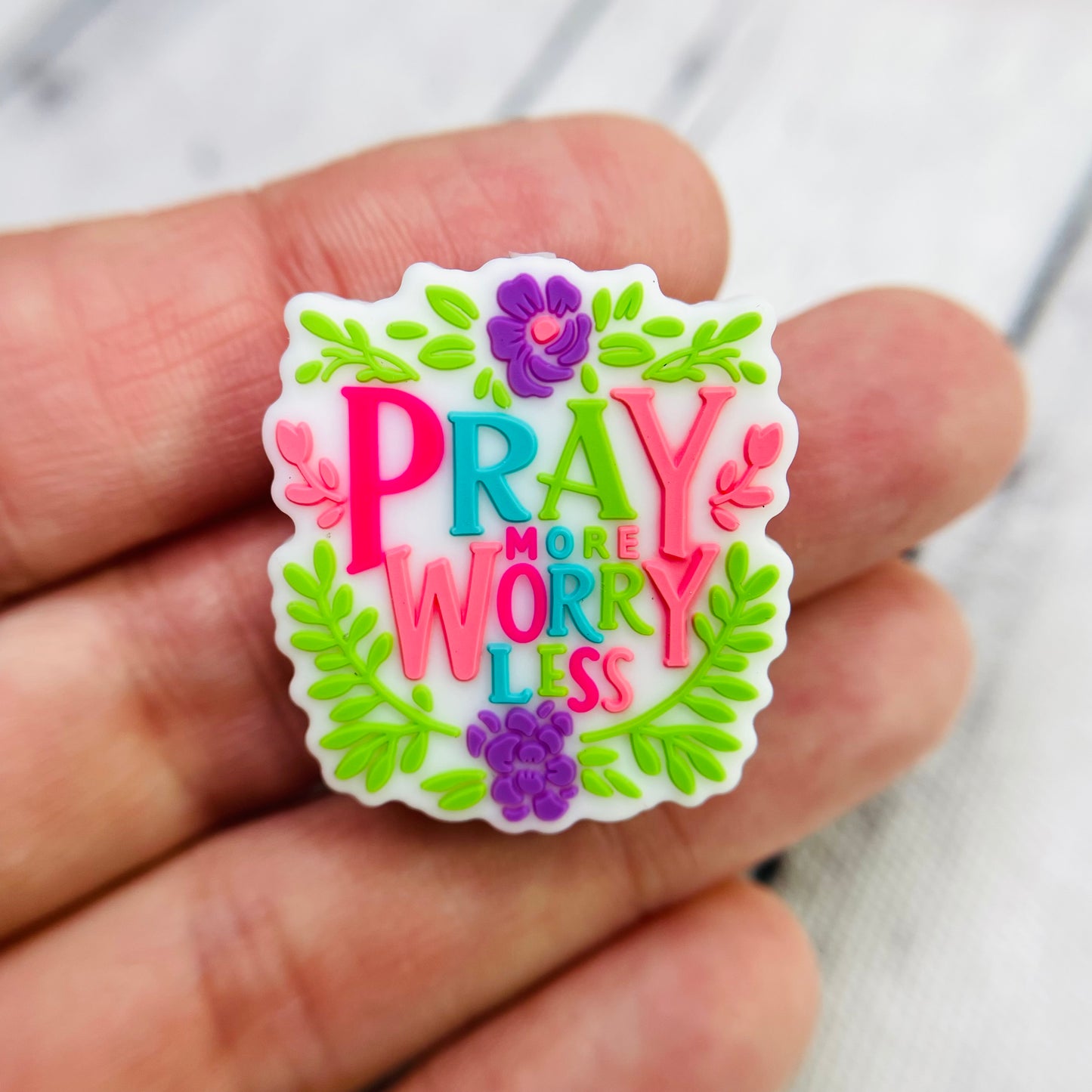 Pray More White Background Silicone Focal Bead