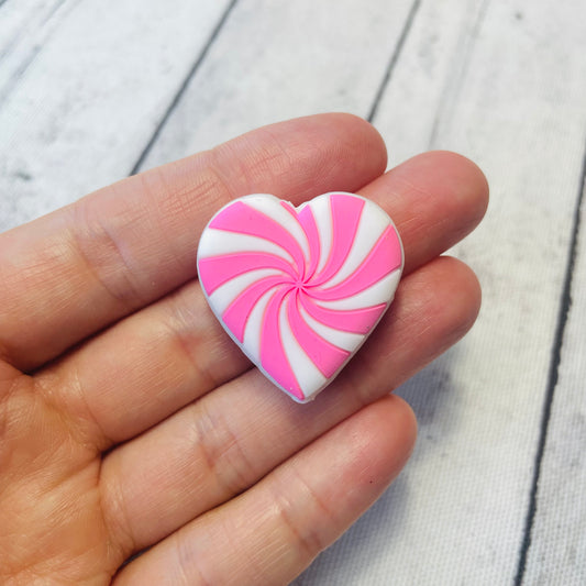 Pink Peppermint Heart Silicone Focal Bead