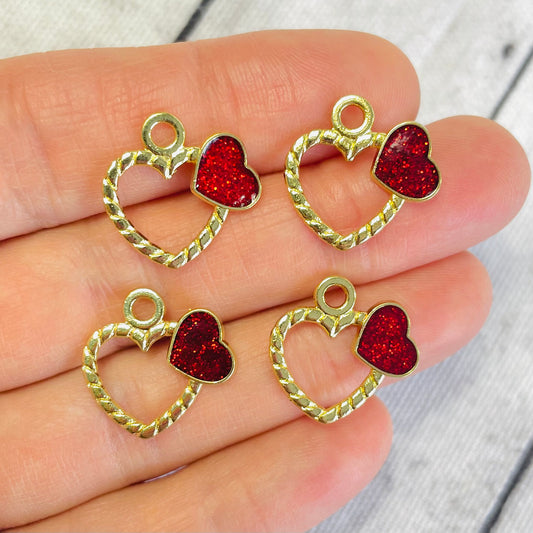 Red Glitter Heart Charms